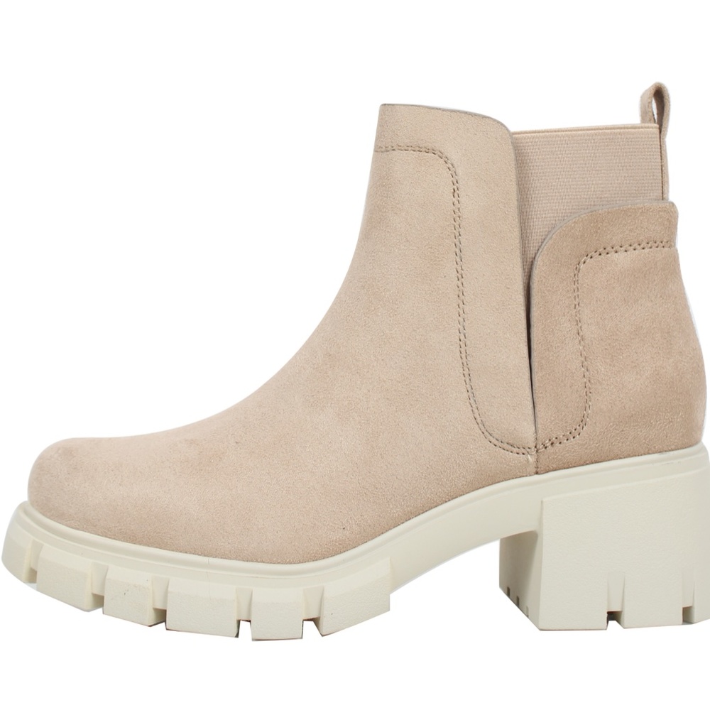 Clay Round Toe Faux Suede Elastic Back Lug Platform Block Heel Ankle Boot